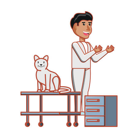 vet with cute cat in examining table over white background, vector illustrationのイラスト素材