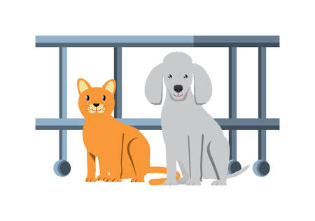 table with wheels and cute poodle and cat over white background, vector illustrationのイラスト素材