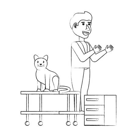 vet with cute cat in examining table over white background, vector illustrationのイラスト素材