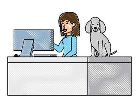 vet woman and poodle in the desk over white background, vector illustrationのイラスト素材
