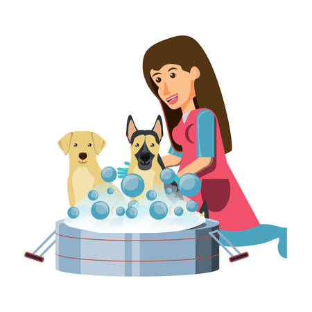 cartoon veterinary bathing a dogs over white background, vector illustrationのイラスト素材