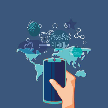 hand holding cellphone world communication network social media vector illustrationのイラスト素材