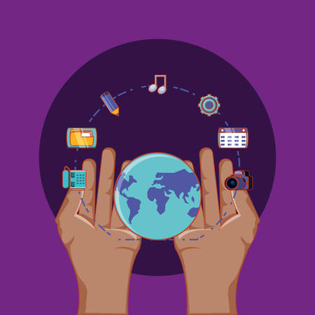 hand with world around social media connected vector illustrationのイラスト素材
