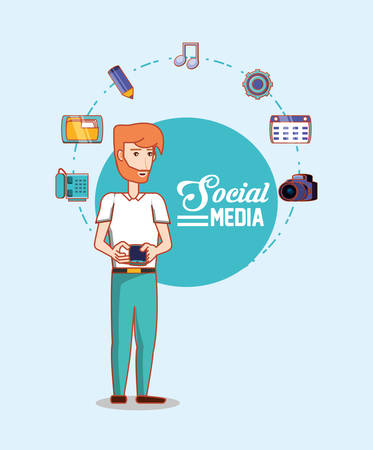 beard man with smartphone digital technology social media icons vector illustrationのイラスト素材