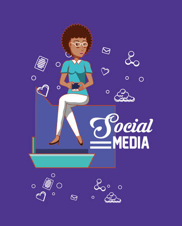 woman holding smartphone social media applications vector illustrationのイラスト素材