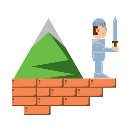 videogame knight character and mountain over white background, vector illustrationのイラスト素材