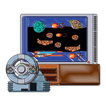 television with videogame and steering wheel controller over white background, vector illustrationのイラスト素材