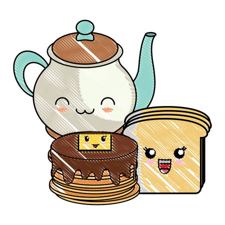 kawaii pancakes with bread slice and tea pot over white background, vector illustrationのイラスト素材