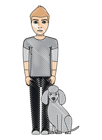 cartoon young man with cute poodle dog over white background, vector illustrationのイラスト素材