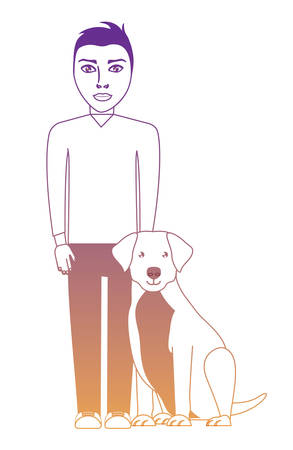 cartoon young man with cute labrador dog over white background, vector illustrationのイラスト素材