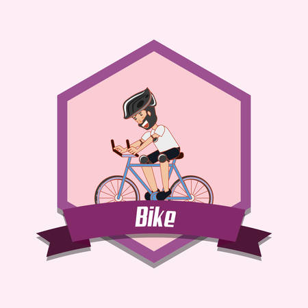 emblem of bike concept with woman riding bicycle over purple background, colorful design. vector illustrationのイラスト素材