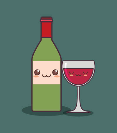 wine bottle and cup kawaii character vector illustration designのイラスト素材