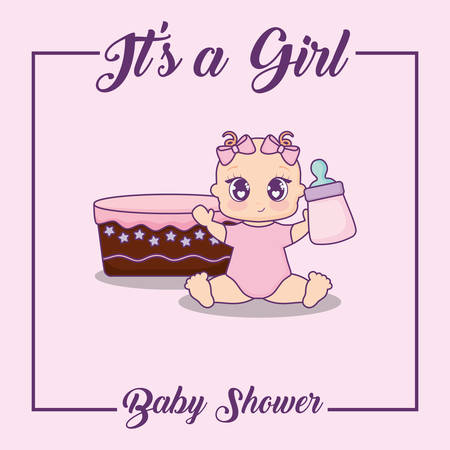 baby shower card with cake and little girl vector illustration designのイラスト素材