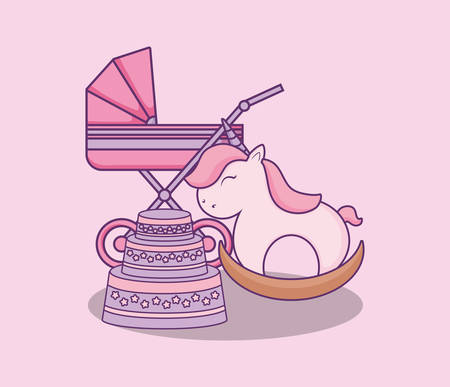 baby shower card with cart and wooden horse vector illustration designのイラスト素材