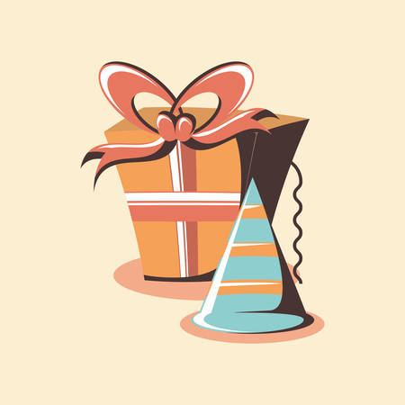gift box and party hat over white background, colorful design. vector illustrationのイラスト素材
