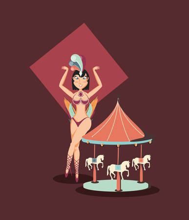 beautiful woman carousel fun fair circus carnival vector illustrationのイラスト素材
