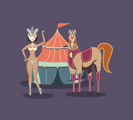 beautiful woman with tent and horse circus carnival vector illustrationのイラスト素材