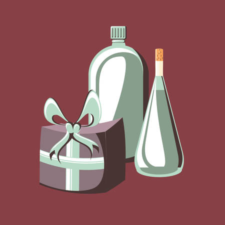 gift box and bottles over red background, colorful design. vector illustrationのイラスト素材