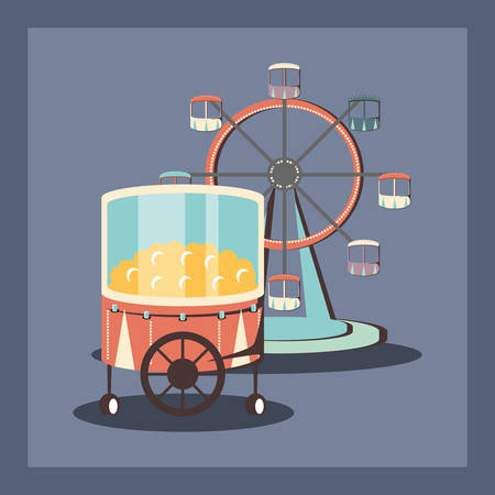 carnival design with ferris wheel and pop corn cart over blue background, colorful design. vector illustrationのイラスト素材
