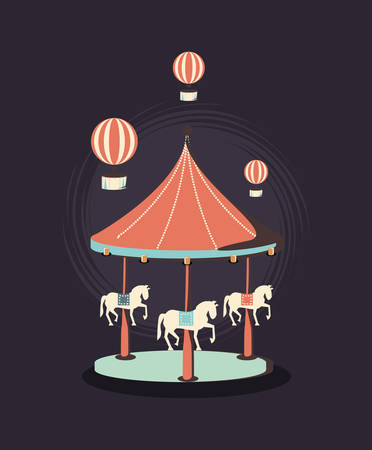 carnival circus design with carousel and hot air balloons icon over black background, vector illustrationのイラスト素材