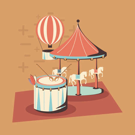 carnival circus design with carousel and hot air balloon icon over orange background, vector illustrationの写真素材