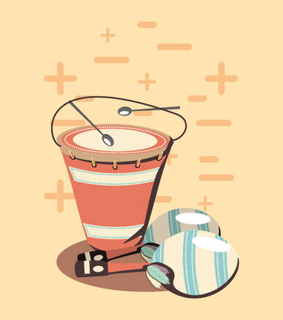 drum and maracas instruments over orange background, vector illustrationの写真素材
