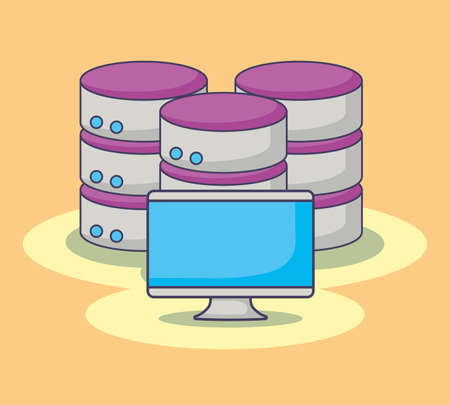 computer and data server over yellow background, colorful design. vector illustration