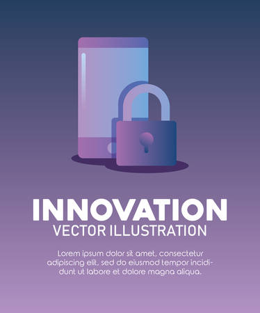 infographic of innovation and technology concept with cellphone and padlock over purple background, colorful design. vector illustrationのイラスト素材