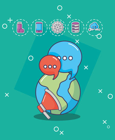 innovation and technology design with earth planet and related icons around over green background, colorful design. vector illustrationのイラスト素材