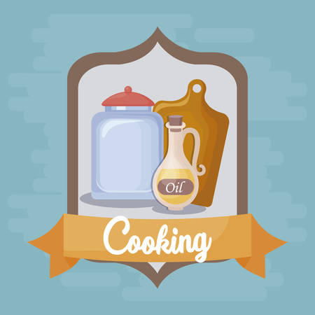 cooking design with decorative emblem with jar and cutting board over blue background, colorful design. vector illustrationのイラスト素材
