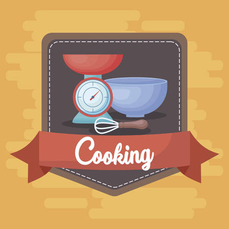 cooking design with decorative emblem with scale and bowl over yellow background, colorful design. vector illustrationのイラスト素材