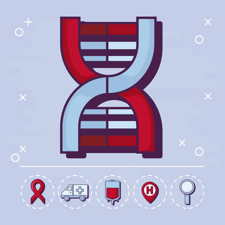 DNA chain and medical related icons over purple background, vector illustrationのイラスト素材