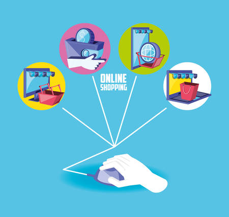 on line shopping with hand using mouse and set icons vector illustration designのイラスト素材