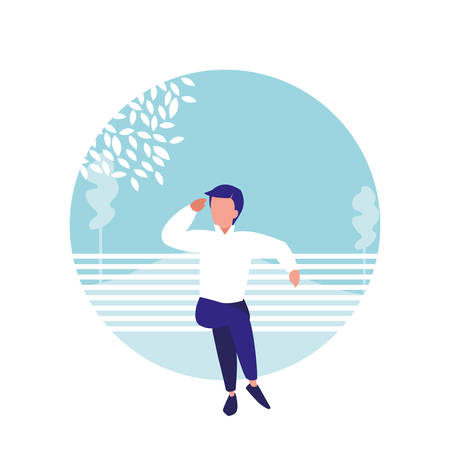 young man sitting park chair and landscape vector illustration designのイラスト素材