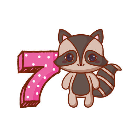 cute raccoon and number 7  icon over background, vector illustrationのイラスト素材