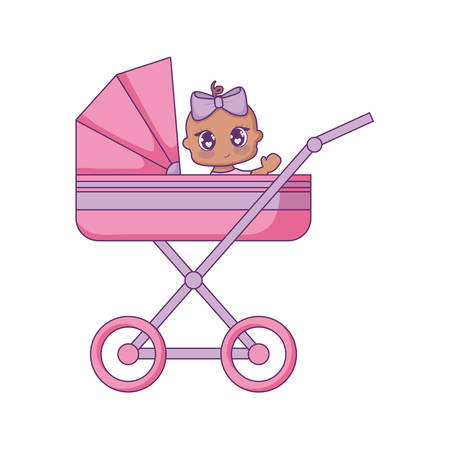 baby carriage and cartoon baby girl over white background, vector illustrationのイラスト素材