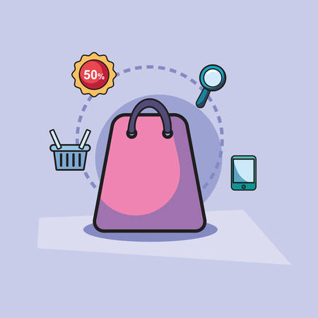 shopping bag and related icons around over purple background, colorful design. vector illustrationのイラスト素材