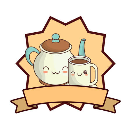 kawaii coffee pot and mug over white background, vector illustrationのイラスト素材