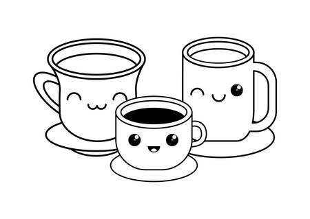 kawaii coffee mugs over white background, vector illustrationのイラスト素材