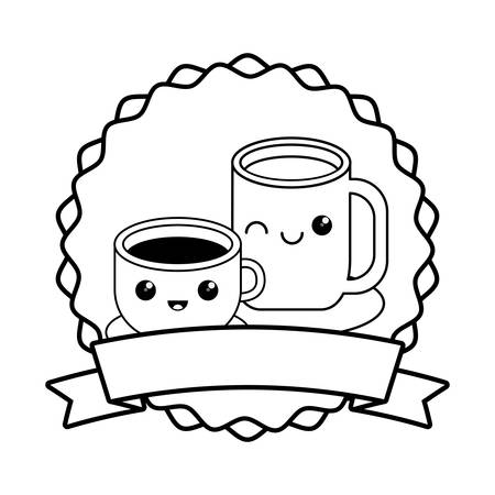 emblem with kawaii coffee mugs and decorative ribbon  over white background, vector illustrationのイラスト素材