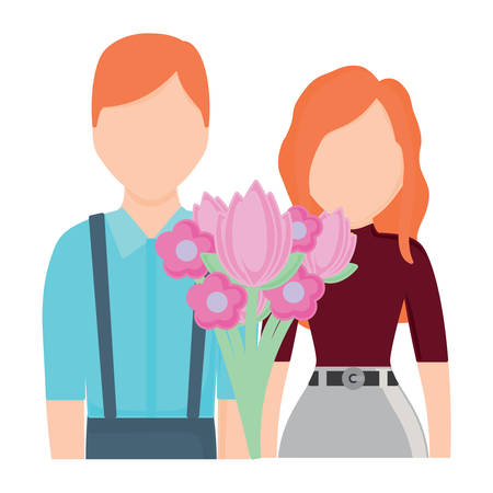 flowers bouquet and avatar couple over white background, colorful design. vector illustrationのイラスト素材