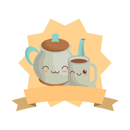 kawaii coffee pot and mug over white background, vector illustrationのイラスト素材