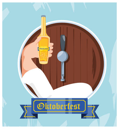 hand with bottle and barrel of beer oktoberfest celebration vector illustration designのイラスト素材