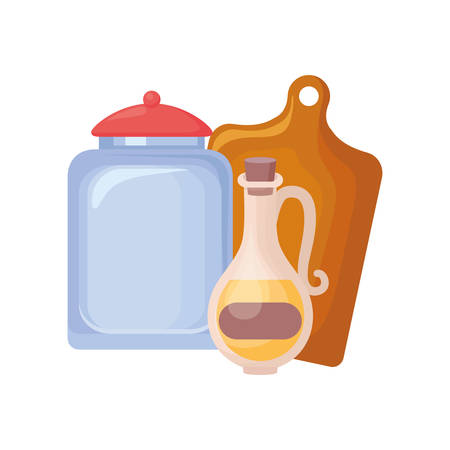 jar with cutting table and olive oil bottle over white background, vector illustrationのイラスト素材