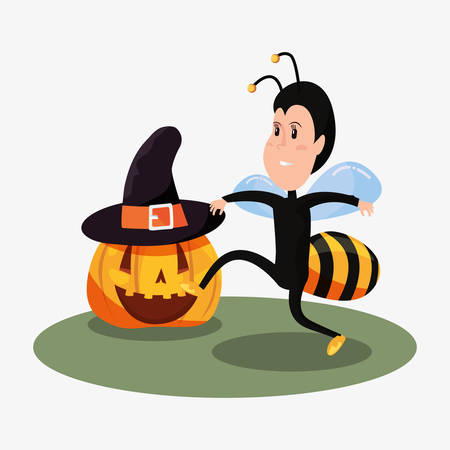 halloween celebration day pumpkin using witch hat bee girl vector illustrationのイラスト素材
