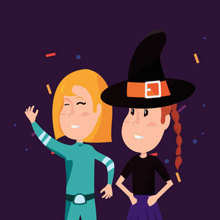 halloween customes confetti celebrate super girl and witch vector illustrationのイラスト素材