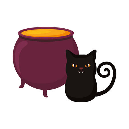 potion pot and black cat over white background, colorful design. vector illustrationのイラスト素材