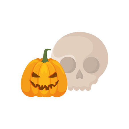 halloween pumpkin and skull over white background, colorful design. vector illustrationのイラスト素材