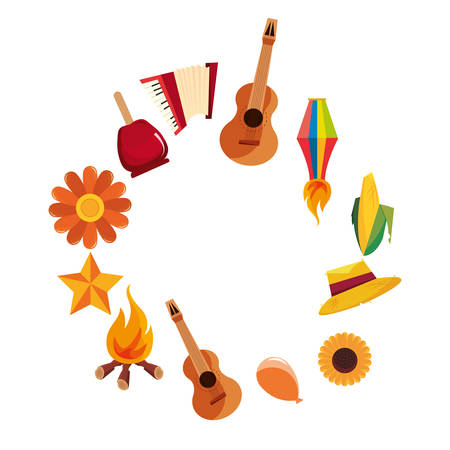 festa junina celebration guitar flower lantern hat corn vector illustrationのイラスト素材