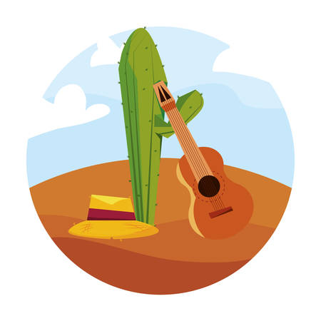 cactus and guitar straw hat in desert vector illustrationのイラスト素材